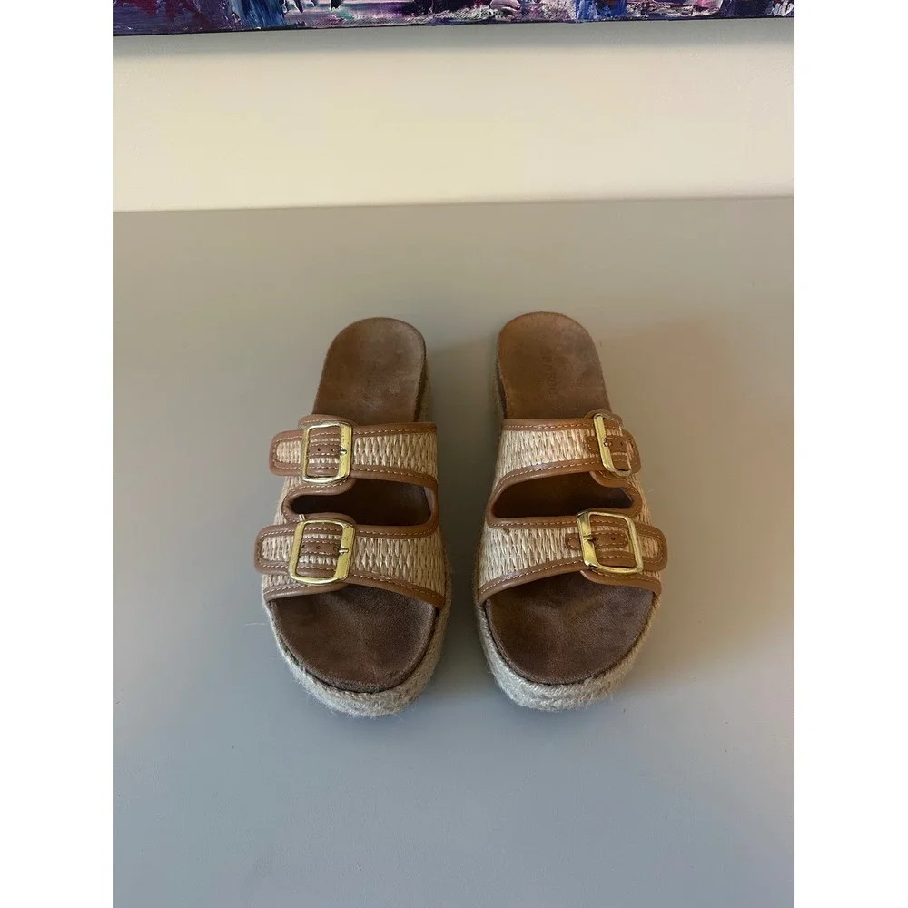 Bamboo Tan Woven Espadrille Platform Slide Sandals | Size 8
